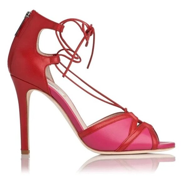 LK Bennett Size 38 Adriana Sandal Lace Up Leather Heel Pink Red
